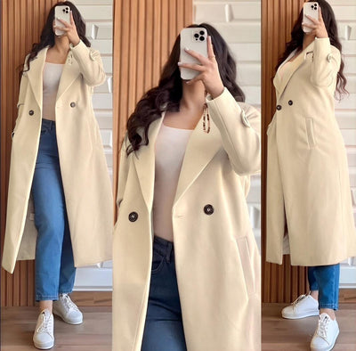 Women's stitched plain fleece trench coat - 1 pcs beige